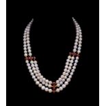 Multi strand cultured pearl and ruby necklace