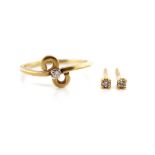 Diamond set 9ct yellow gold ring and stud earrings