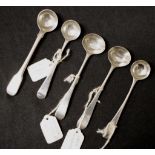Five assorted sterling silver salt spoons