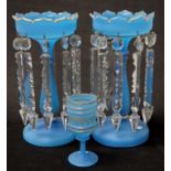 Pair Victorian blue satin glass lustre vases