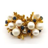 Sapphire and pearl yellow gold brooch