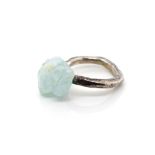 Scandinavian rough cut aquamarine set silver ring