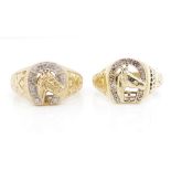 Two diamond set 9ct yellow gold horse rings