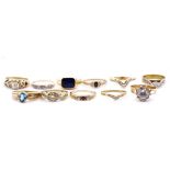 Eleven 9ct yellow gold and gemstone set rings