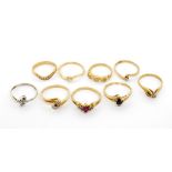 Nine diamond and gemstone set 9ct gold rings