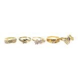 Five pave set diamond and 9ct yellow gold rings