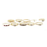 Ten Diamond and gemstone set 9ct gold rings