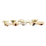 Ten diamond and gem stone set 9ct gold rings