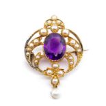 Antique amethyst, seed pearl and gold pendant