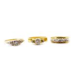 Three diamond set 18ct yellow gold rings