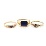 Three 9ct yellow gold and gemstone rings