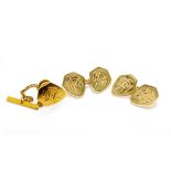 Art Deco 18ct yellow gold cufflinks and tie tack