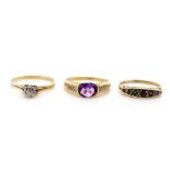 Three gemstone and 9ct yellow gold rings