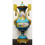 Sevres style porcelain celeste blue lidded urn