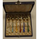 Cased Danish gilded silver & enamel coffee spoons