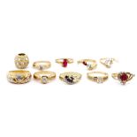 Nine gemstone set 9ct yellow gold rings