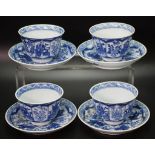 Four Oriental blue & white tea bowls & saucers