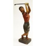 Large carved timber figure of a lady golfer