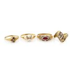 Four gemstone and 9ct yellow gold rings