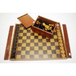 Good vintage timber draught/chess board & pieces