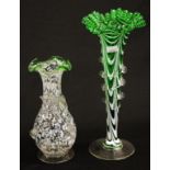 Two vintage green glass mantle vases