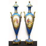 Two Sevres style porcelain celeste blue urns