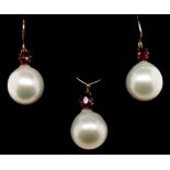 Pearl, garnet set gold earring and pendant set