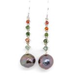 Cultured black pearl and tourmaline earrings