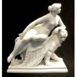 Large Victoria Parian ware lady on a lion