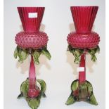 Pair of antique ruby glass thistle vases