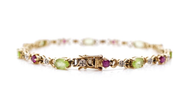 Peridot, ruby and diamond set 9ct gold bracelet