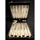 Cased set six silver plate fish knives & forks