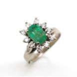 Emerald and diamond set 18ct white gold cluster