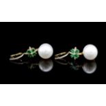 South sea pearl, diamond and emerald drop earrings