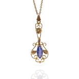 Edwardian 9ct rose gold and blue glass pendant