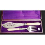 Cased set ivory handled fish servers