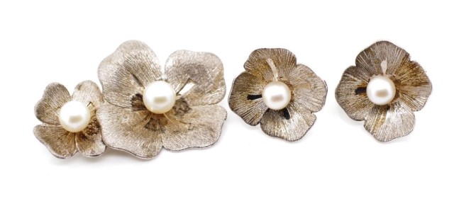 Mikimoto pearl and silver brooch and ear clips