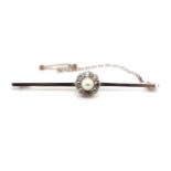 Old cut diamond and pearl set gold bar brooch