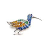 Multi gemstone and silver "snipe" bird brooch