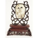 Chinese hand painted ivory plaque & stand