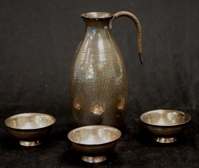 Four piece Japanese silver sake set