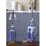 Two blue & white pottery base lamps