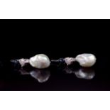 Baroque pearl and black opal drop earrings