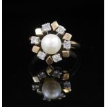 Pearl and diamond set yellow gold ring