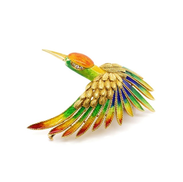 18ct yellow gold, enamel and diamond bird brooch - Image 2 of 8