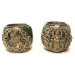 Pair Chinese jade & silver archers rings