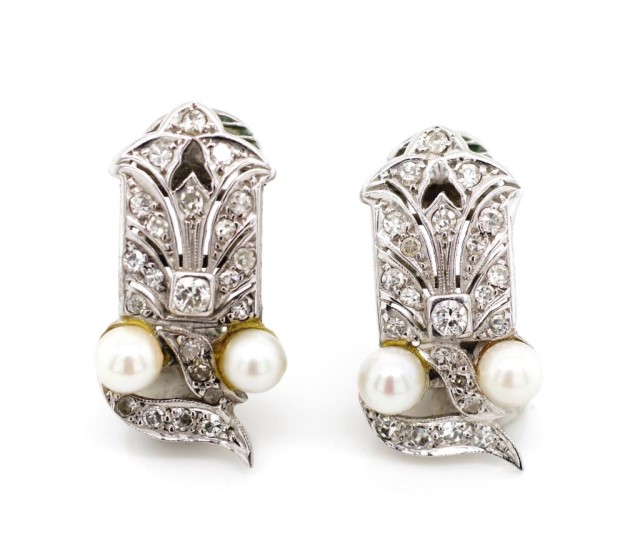 Art Deco diamond, pearl and white gold ear clips