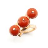 14ct rose gold and three stone coral ring