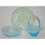 Blue vaseline glass basket & bowl