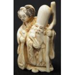 Early carved Ivory Longevity & attendant netsuke